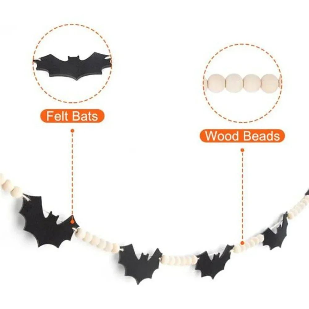 Halloween Garland, Bats Garland for Halloween Mantle Decor, Wood Bead Banner